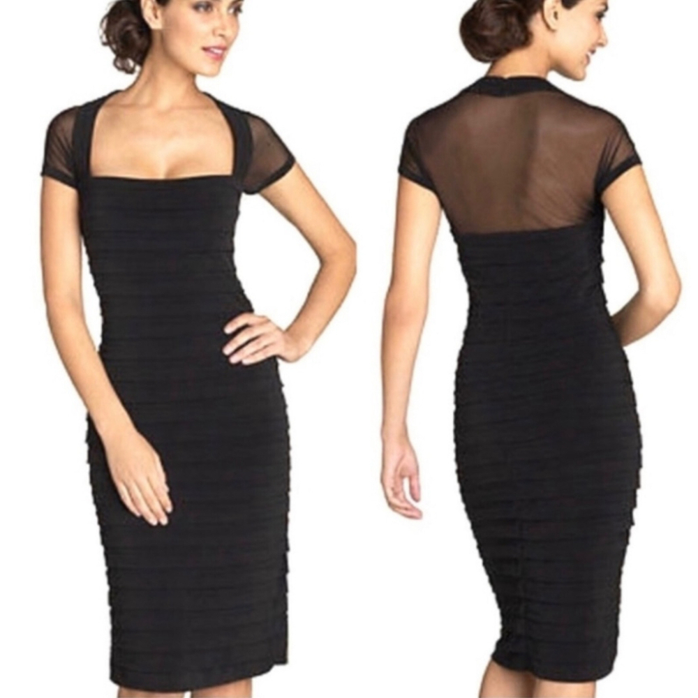 Maggy London Black Square Neck Illusion Back Pleated Cocktail Dress Size 10 - Picture 2 of 6
